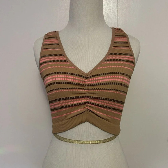 Aerie Superchill Seamless Ruched Bra Crop Tank Top Size Medium M Brown Striped - Picture 1 of 5